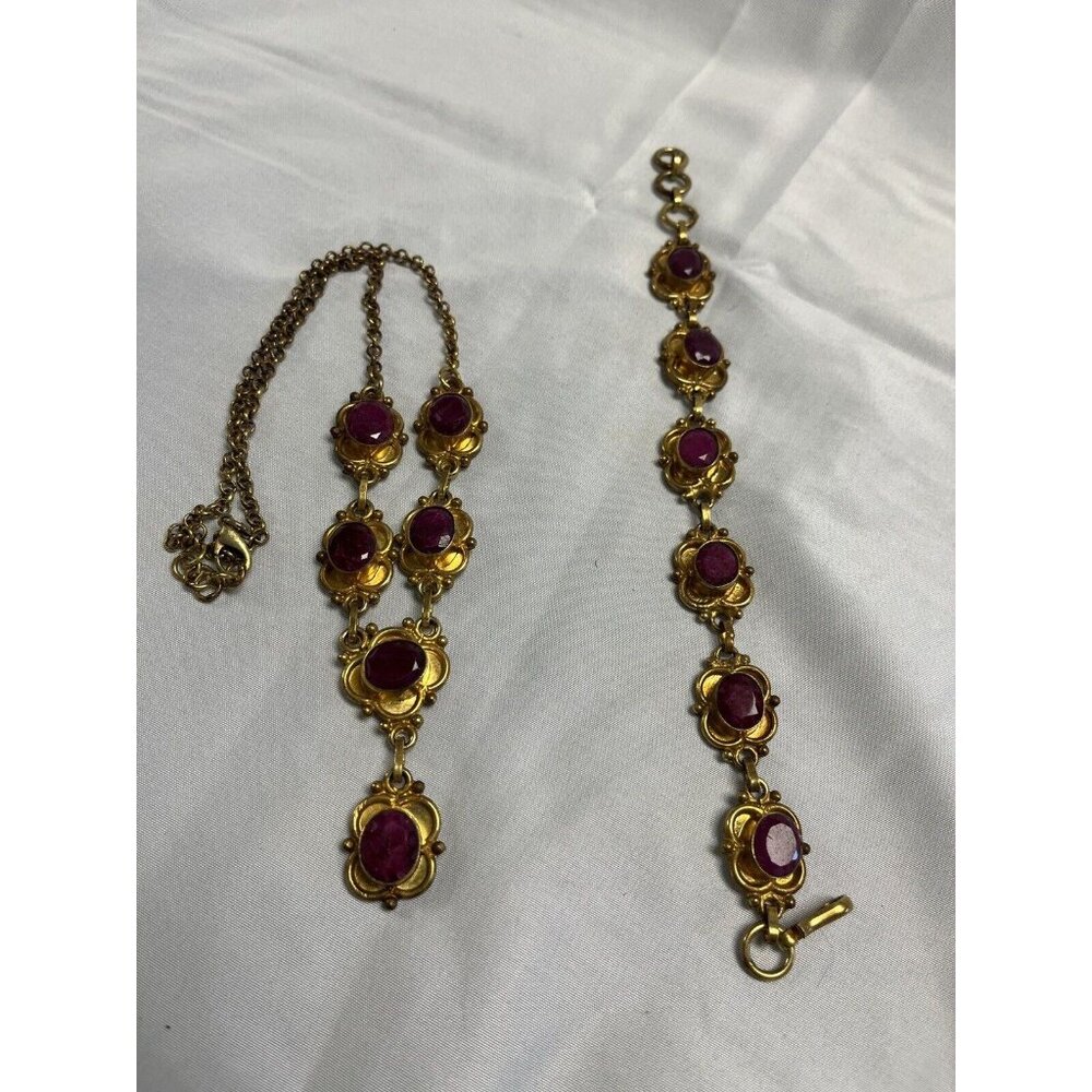 Vintage Stauer Costume Necklace Bracelet Real Red Garnets Antique‎ set